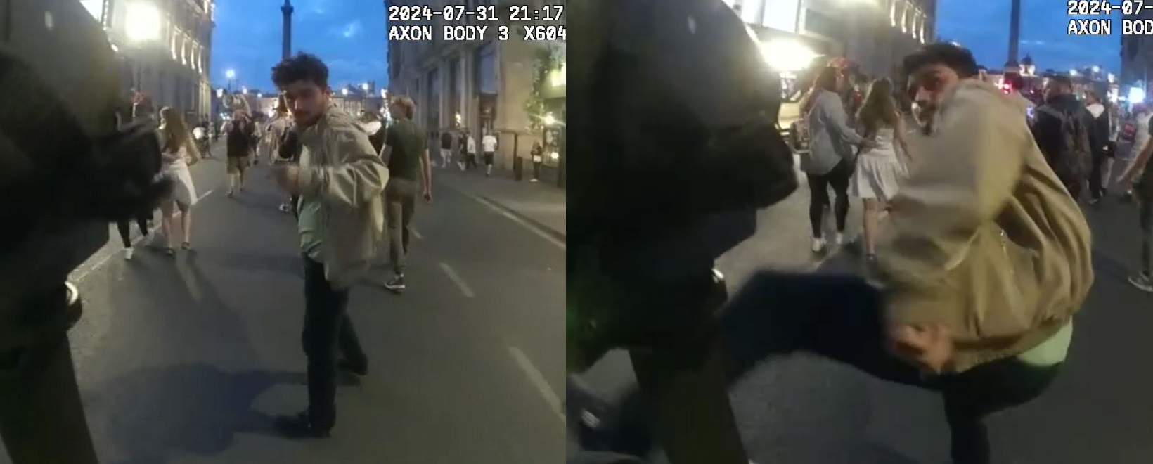 Two photos taken from a police body worn video. The first shows Cush squaring up to a police officer, the second shows him kicking the officer with evident force.