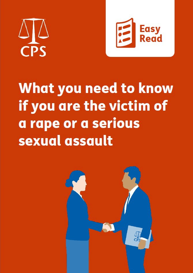 Image of the cover of the Easy Read guide called 'What you need to know if you are the victim of a crime'. It shows a graphic of two figures, one female, one male, dressed in office wear, shaking hands. The male figure is holding a closed laptop computer with a CPS logo on it by his side in his left hand.