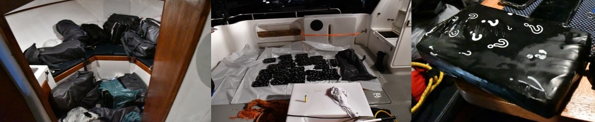 waterproof holdalls that the packages of cocaine were stored in, a quantity of cocaine packages displayed next to a holdall, and one of the packages of cocaine